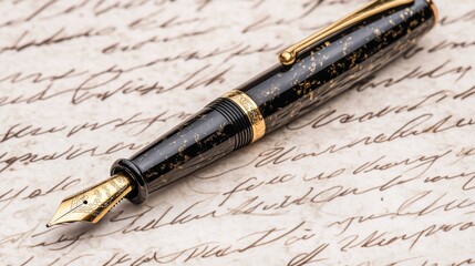 Timeless classic fountain pen resting atop a background adorned with elegant handwritten text