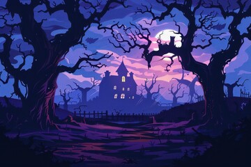 Spooky trees with haunted house in the background, creepy Halloween, flat design illustration.