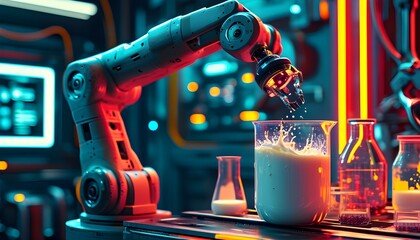 Futuristic robotic arms blending milk and ingredients in a neon-lit high-tech lab environment