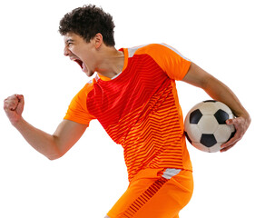 Winner emotions. Portrait of young man, football, soccer player posing with ball, wearing orange uniform isolated on white transparent background. Concept of sport, competition, active lifestyle, game