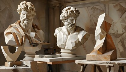 Masterful sculptor shaping marble amidst abstract geometric forms in a vintage sepia-toned illustration with intricate realism