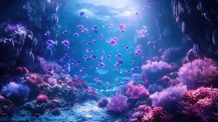 Captivating underwater scene of a vibrant coral reef ecosystem filled with a diverse array of colorful fish and other marine life swimming in the deep blue ocean