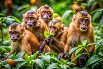 A curious troop of Mona monkeys, with shiny brown fur and agile limbs, forage for food in a lush, vibrant jungle habitat, surrounded by foliage.