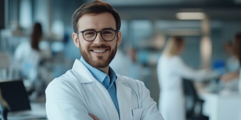 Aufkleber - A confident male scientist smiles in a modern laboratory. He wears glasses and a lab coat. The scene is bright and professional, perfect for medical or scientific themes. AI
