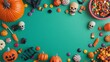© atipong - Playful kids Halloween celebration scene. Overhead view image presenting candies youngsters costume items and Halloween-themed decorations on isolated green backdrop offering space for ad or text