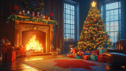 Christmas tree with toys and gifts on the background of a fireplace with fire