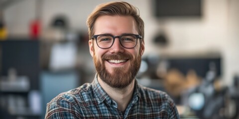 Wall Mural - A smiling man with glasses showcases a modern workspace. He wears a casual checkered shirt. The image highlights positivity and creativity in a professional setting. AI