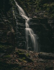 Wall Mural - Serene waterfall cascading down a rocky cliff surrounded by lush greenery in a forest setting