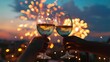 © Joyce - Hand holding wine glass closeup view with fireworks show in sky