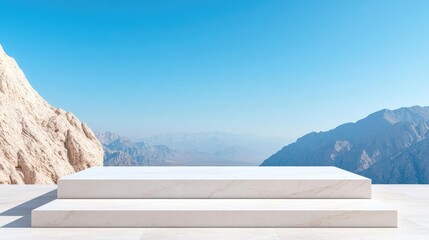 Outdoor podium made of marble, set against a backdrop of towering mountains, the elegance of nature s grandeur surrounding a refined minimalist stage