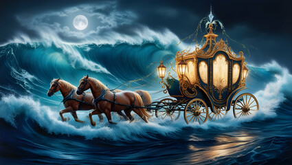 Horse drawn carriage in ocean with moonlight.