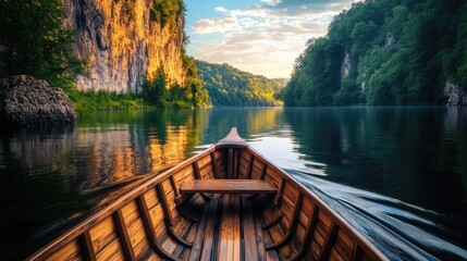 Poster - Wooden Boat Gliding Through a Calm River Canyon