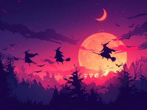 Twilight with witches on broomsticks, magical Halloween, flat design illustration.,