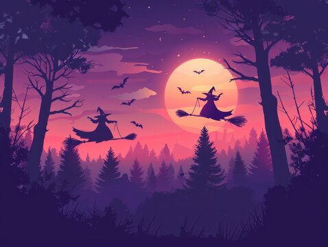 Twilight with witches on broomsticks, magical Halloween, flat design illustration.,