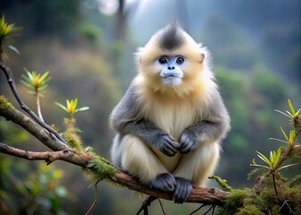 adorable black snub-nosed monkey with distinctive upturned nose and fluffy fur, perches on a tree br