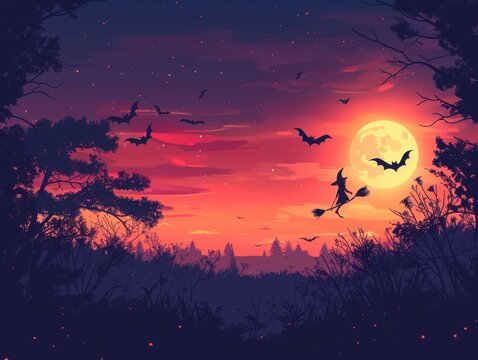 Twilight with witches on broomsticks, magical Halloween, flat design illustration.,