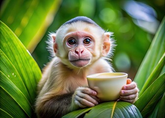 Adorable capuchin monkey curls up with a saucer-eyed gaze, cradling a dripping glass bottle of creamy white milk amidst lush green foliage and soft light.