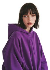 Young woman wears blank purple hoodie mockup photography portrait fashion.