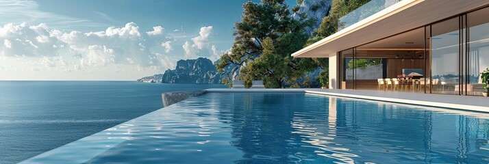 Wall Mural - A stunning infinity pool seamlessly blends with the horizon, offering a breathtaking view of the serene ocean and dramatic cliffs, revealing tranquility and grandeur.