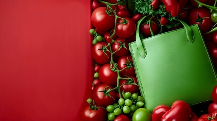 Poster - Fresh tomatoes arranged beautifully with a green shopping bag. Bright colors enhance this stylish composition. Perfect for food lovers and eco-friendly shoppers. AI