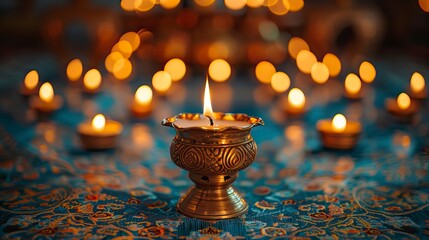 Wall Mural - Photo of Diwali candles on a mandala pattern, against a red background