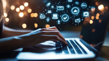Digital Connection: A Woman Using a Laptop with Social Media Icons in the Background