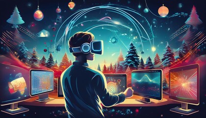 Futuristic holiday celebration with VR sets and fireworks for the holiday season 