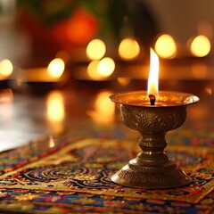 Wall Mural - Photo of Diwali candles on a mandala pattern, against a red background