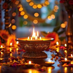 Wall Mural - Photo of Diwali candles on a mandala pattern, against a red background