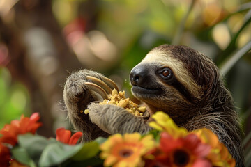 Sloth on tree with food and flowers. Tropical cute animal in nature.