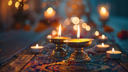 Wall Mural - Photo of Diwali candles on a mandala pattern, against a red background