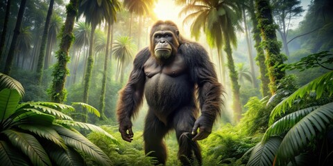 Gigantopithecus, giant ape standing in lush forest setting, ape, wildlife, prehistoric, huge, extinct, hairy, mammal, jungle