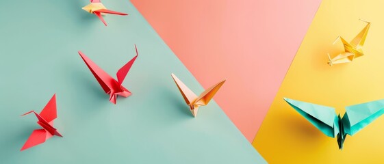 Wall Mural - a varied cluster of origami birds in flight on a playful, multicolor background, symbolizing creativ