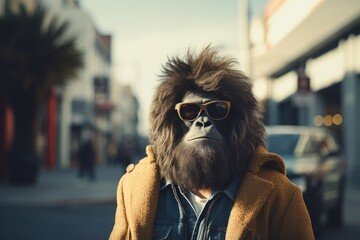 Hipster gorilla walking around the city on the street.