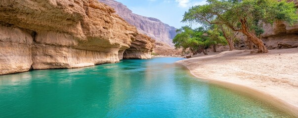 Wall Mural - lake with green plant and rock on background