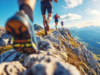 dynamic image depicting trail runners in athletic gear traversing a rugged mountain ridge, capturing