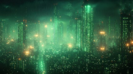 Canvas Print - Futuristic Cityscape in Green Light