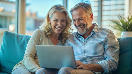 Happy middle aged couple using laptop computer relaxing on couch at home. Smiling mature man and woman talking having fun laughing with device sitting on sofa in sunny living room. Candid shot