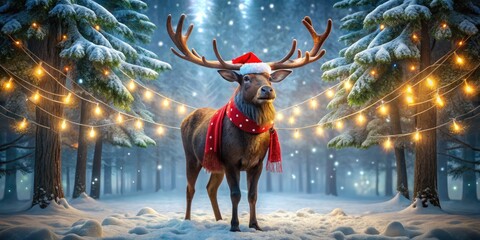 Wall Mural - A festive moose wearing a Santa hat and red scarf stands in a snowy forest amidst decorated trees and twinkling lights at night.