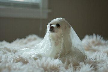 A dog is wearing a white sheet and is sitting in front of a fireplace, generative ai.,