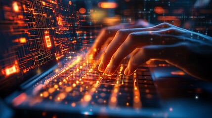 Poster - Hands Typing on a Laptop with Glowing Circuitry and Binary Code