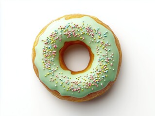 Donut with light green frosting and sprinkles isolated on white background 