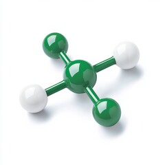 a molecular model with green and white spheres connected by rods.