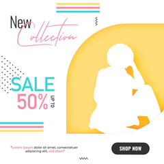 Wall Mural - new collection sale poster design with silhouette female model for advertising, png vector.