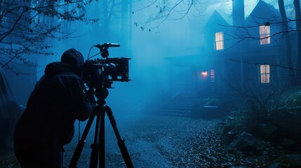 A cinematographer operates a camera on a tripod, capturing a scene outside a house bathed in atmospheric blue light and fog at dusk