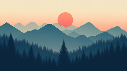 A beautiful poster with a view of sharp, geometric mountains and a forest. It's simple and modern, with a single pine tree and a Japanese feel.