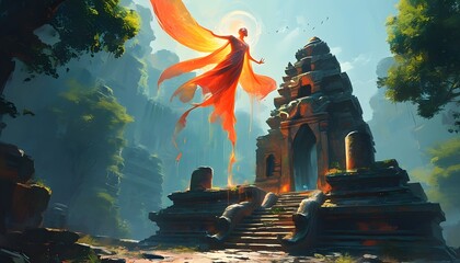 Wall Mural - Ethereal entity soaring above an ancient temple, radiating otherworldly light in vibrant hues, captured in a stunning digital painting