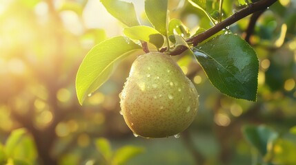 Ripe pear fruit growing on tree