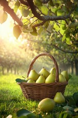 Fresh pear fruit in basket in plantation orchard farm with trees