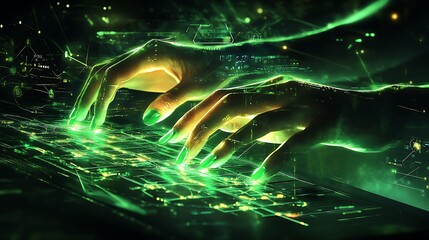 Poster - A Person's Hands Typing on a Glowing Green Keyboard